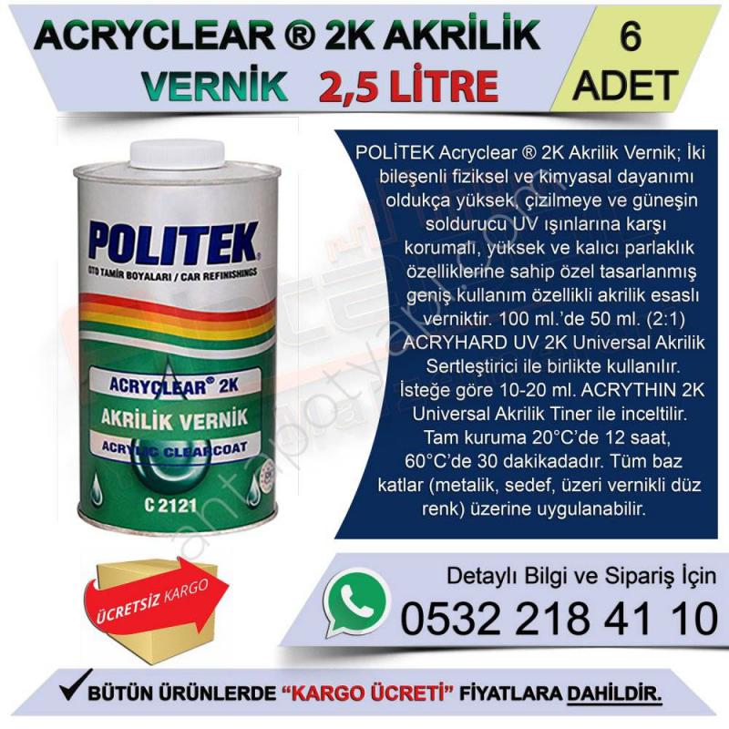 Politek Acryclear 2K Akrilik Vernik 2,5 Lt (6 Adet)