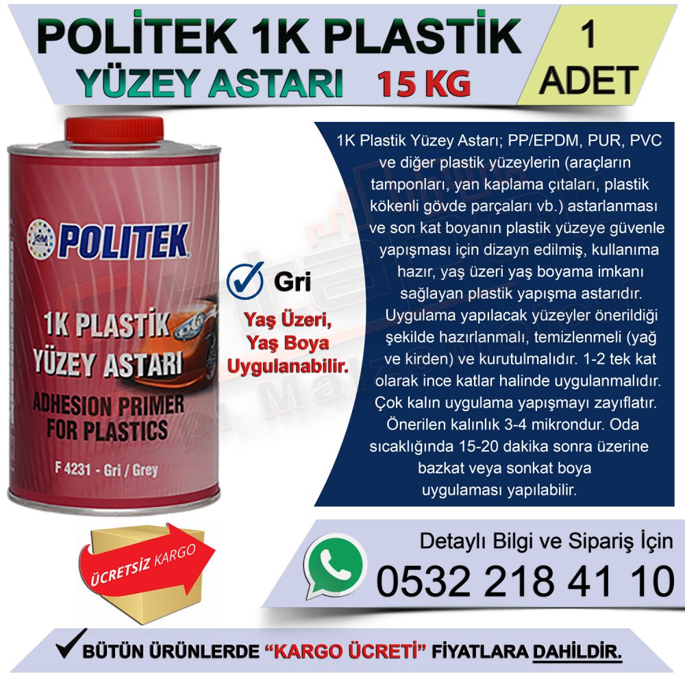 Politek 1K Plastik Yüzey Astarı 15 Kg (1 Adet)